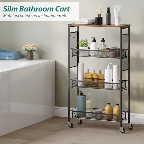 YITAHOME 4-Tier Slim Kitchen Storage Cart, Rolling Spice Rack Next to Fridge, 7.3“ Inch Deep Kitchen Trolley with Wheels, Wood Tabletop & Wire Mesh Baskets, Mobile Narrow Shelf, Black