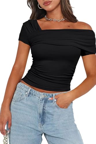 Women's One Off Shoulder Short Sleeve Top Ruched Going Out Club Tops Slim Fit Y2K Shirt Crop Top S