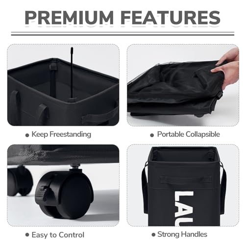 CHICVITA 75L Slim Laundry Hamper with Wheels and Removable Wash Bag, Black Rolling Basket with Handle for Laundry Room