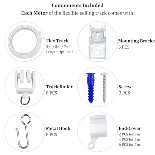 XCK Flexible Ceiling Curtain Track Ceiling Mount 10 ft Curved Shower Curtain Rod for Bay Window Curtains & Room Divider Curtains Bendable Curtain Rail White RV Curtain Track