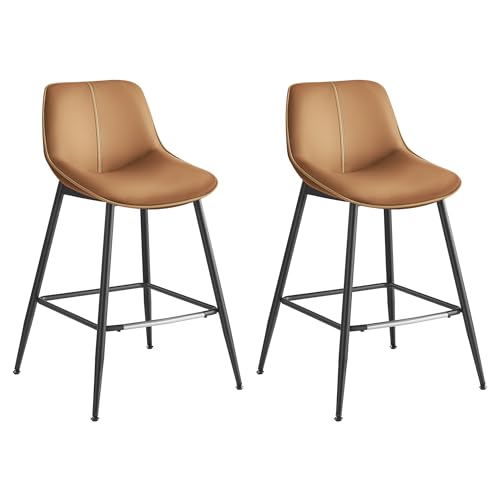 VASAGLE Bar Stools Set of 2, Counter Height Bar Stools with Back, Ergonomic Backrest, Synthetic Leather, Metal Legs, 24.4-Inch Tall Stools for Kitchen Island Home Bar, Caramel Brown ULBC088K01