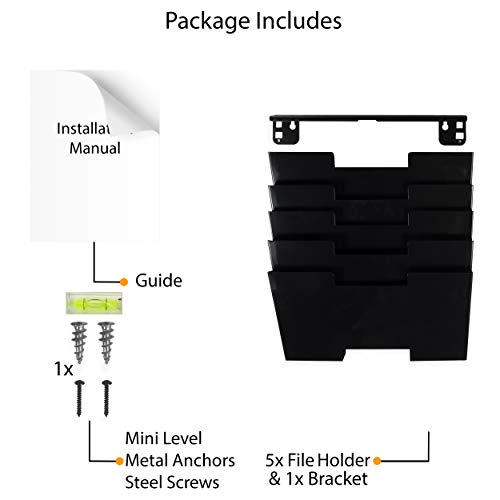 Wallniture Lisbon Wall Mounted File Holder Organizer, 5-Tier Metal Office Organization and Storage Rack, Wall Mount File Holder, Magazine Holder and Office Decor, Black