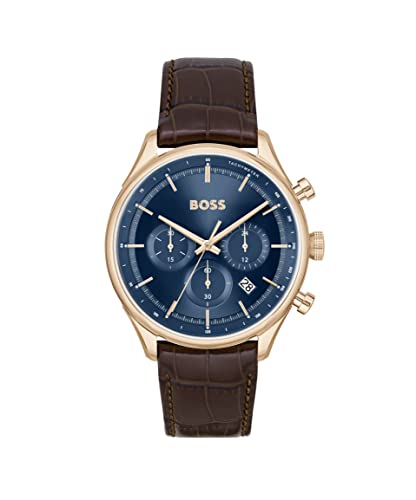 BOSS Gregor Men's Chronograph Stainless Steel Case and Crocodile Grained Leather Watch, Color: Brown (Model: 1514050)