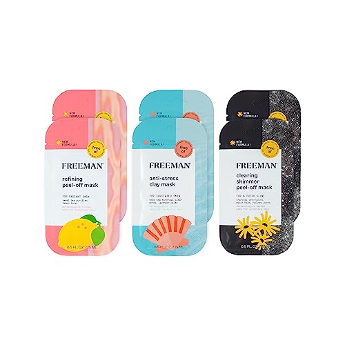 Freeman Facial Mask Variety Bundle, Peel-Off & Clay Face Mask Set, Pore Clearing, Brightening, & Calming Skincare, For All Skin Types, Travel Size Masks, 0.5 fl. oz./15 ml Sachets, 6 Count