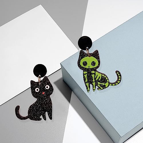 GBAHFY Asymmetric Creative Cute Acrylic Black White Cat Skull Dangle Earrings Acrylic Earrings Animal Lovely Women Jewelry Halloween (Cat - A)