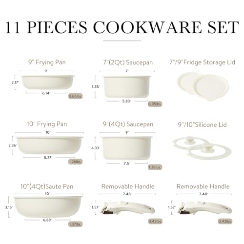 CAROTE 11pcs Pots and Pans Set, Nonstick Cookware Sets Detachable Handle, Induction Kitchen Cookware Set Non Stick with Removable Handle, Oven Safe, RV Cookware Set