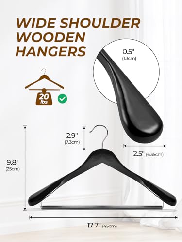 HOUSE DAY Wide Shoulder Wooden Hangers, Wood Suit Hangers with Non Slip Pant Holder, Heavy Duty Coat Hanger for Closet, Wooden Clothes Hanger for Suits, Coats, Jackets, Shirts (6 Pack, Black)