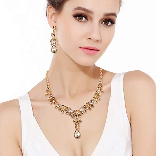 EVER FAITH Rhinestone Crystal Bridal Feast Floral Teardrop Necklace Earrings Set Champagne Rose Gold-Tone