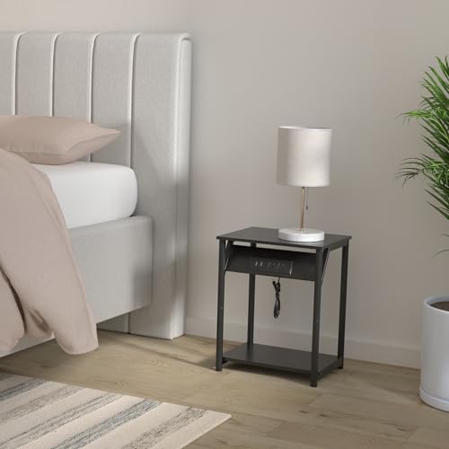 VASAGLE End Table with Charging Station, Set of 2, Small Side Tables for Living Room, Bedroom, Nightstand with Outlets and USB Ports, Bedside Table with Storage Shelf, Black