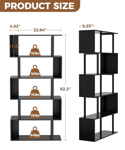 Gadroad 5-Tier Geometric Bookcase,S Shaped Bookshelf, Wood Decorative Storage Shelving, Modern Freestanding Display Shelves, Tall Book Shelf Unit for Living Room Bedroom, Black