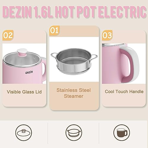 Dezin Electric Pot with Steamer, Stainless Steel Electric Cooker 1.6 Liter, Hot Pot Electric for Ramen, Egg, Dumpling, Soup, Oatmeal with Temperature Control and Keep Warm Function