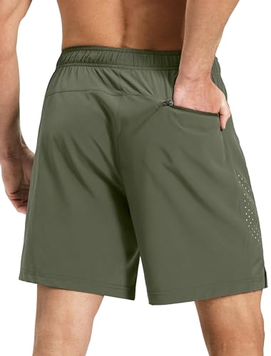 S Spowind Men’s Running Athletic Shorts 7 Inch Quick Dry Lightweight Workout Gym Tennis Shorts 3 Zipper Pockets Army Green