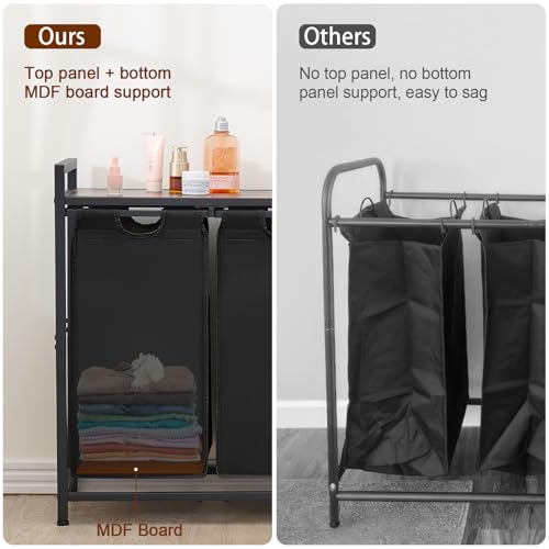 AMHANCIBLE Laundry Hamper with 3 Section, Laundry Basket with 3 Pull-Out and Removable Bags, Laundry Sorter with Shelf, Dirty Clothes Hamper for Laundry Room, Bathroom, 3 x 10 Gallons (38L) HLS03GY