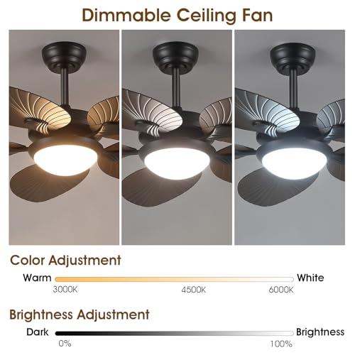 Wiviniya Tropical Ceiling Fans with Lights, 44 Inch Indoor Outdoor Palm Leaf Ceiling Fan for Patios Porch Bedroom, Remote/APP Control, Dimmable, 6 Speeds, Reversible, Brown