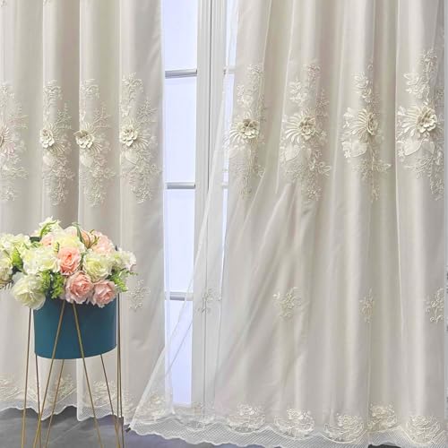 European Beige Double Layer Blackout Curtain for Bedroom Living Room Grommet Top Elegant Floral Beaded Embroidery Sheer Voile Plus Thick Shading Thermal Insulated Cloth Curtains 1PC W50 L84 inch