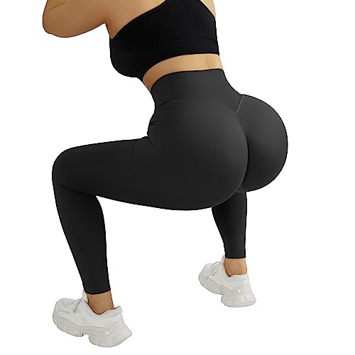 MOSHENGQI Seamless Workout Leggings for Women Butt Lifting High Waisted Tummy Control Yoga Pants(L,008-Black-tummy control)