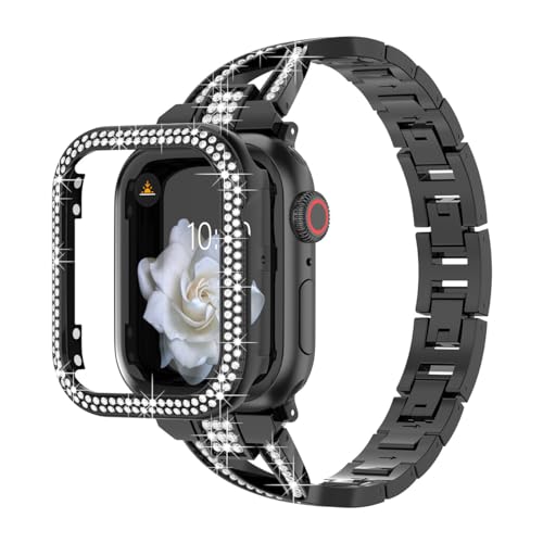 HJINVIGOUR Compatible Apple Watch Diamond Case Protective Cover Bling Rhinestone Crystal Metal Alloy Band Strap Series 9 8 7 6 5 4 45mm 41mm 44mm 40mm (40mm, Black)