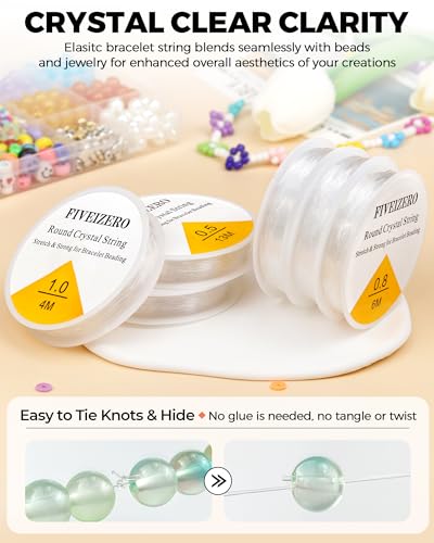 6 Rolls FIVEIZERO Elastic Bracelet String Cord, 0.4mm,0.5mm,0.6mm,0.7mm,0.8mm,1mm Crystal Clear Stretchy Elastic Bead String for Bracelets, Jewelry Making and Clay Pony Seed Stone Beads Beading