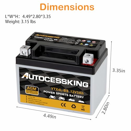 Autocessking YTX4L-BS Motorcycle Battery, 12V 3Ah Rechargeable Maintenance Free Sealed AGM Battery Powersport Replacement Battery for ATV and Scooter