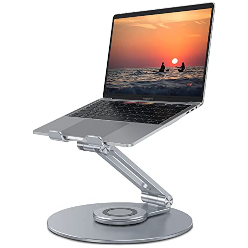 OMOTON Adjustable Laptop Stand with 360 Rotating Base, Ergonomic Laptop Riser for Collaborative Work, Dual Rotary Shaft Fully Foldable for Easy Storage, Fits All Laptops up to 16 inches, CoolGrey