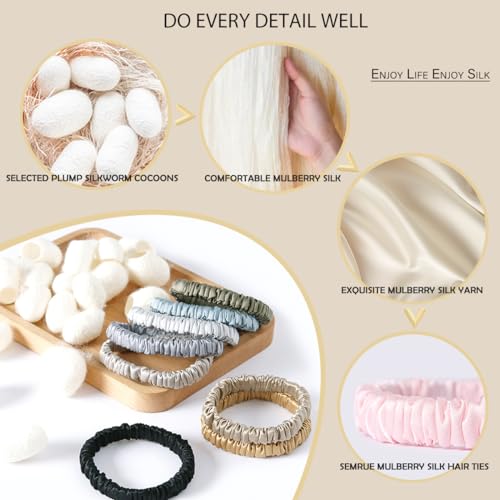 SEMRUE 22 Momme Pure Mulberry Silk Scrunchies, Silk Hair Ties Elastics for Hair Sleep, Hair Care and No Damage, 4 PCS (Black*2+Lotus Pink*2)