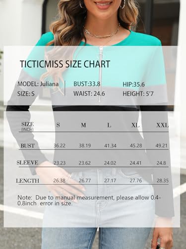 TICTICMISS Women's Long Sleeve Shirts Zipper Color Block V Neck Tunic Tops Casual Blouse