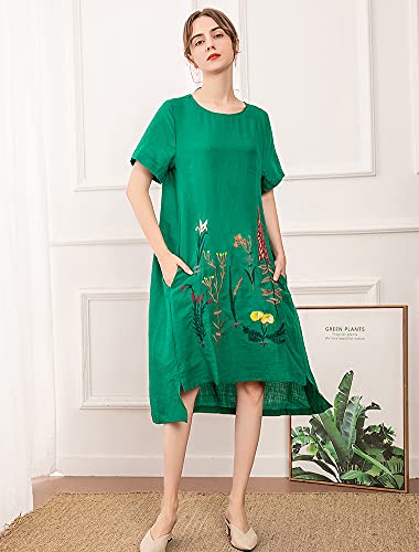Minibee Women's Embroidered Linen Dress Summer A-Line Sundress Hi Low Tunic Clothing Green M