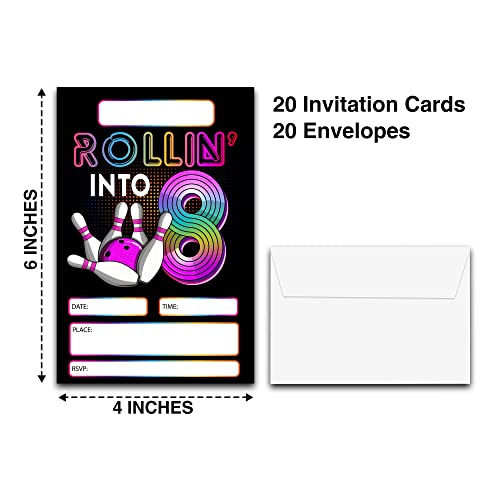 DETIHO 4" x 6" Bowling 8th Birthday Party Invitation Cards With Envelopes - Rolling Into 8 - Retro Bowling Party Invitation - 20 Sets - E60