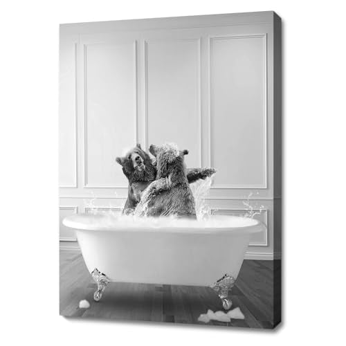 Funny Bathroom Decor Wall Art Black and White Canvas Prints Two Bears Fighting in Bathtub Rustic Style Animal Poster Artwork for Bathroom Powder Room Restroom Decoration Farmhouse Wall Decor 12x16inch