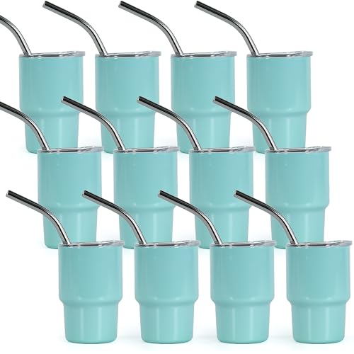 FECBK 3 oz Mini Tumbler Shot Glass with Straw and Lid 12 Pcs Sublimation Shot Glasses Tumblers Stainless Steel Mini Shot Glasses with Lids for Wedding Party Whiskey Cocktail Bar, Cyan