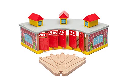 maxim enterprise, inc. Wooden Train Round House with 5-Way Switch Track for Kids, Wood Train Shed with 5 Doors. Houses 5 Engines & Cars, Compatible with Major Brand Wooden Railways