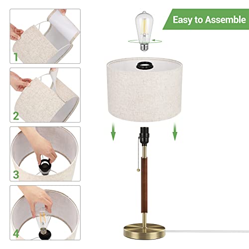 EDISHINE Mid Century Table Lamp, Bedside Lamp with Pull Chain Switch, Solid Wood & Metal Pole, Modern Nightstand Table Lamp for Living Room, Bedroom, Office, Frosted Bronze & Wood Finish