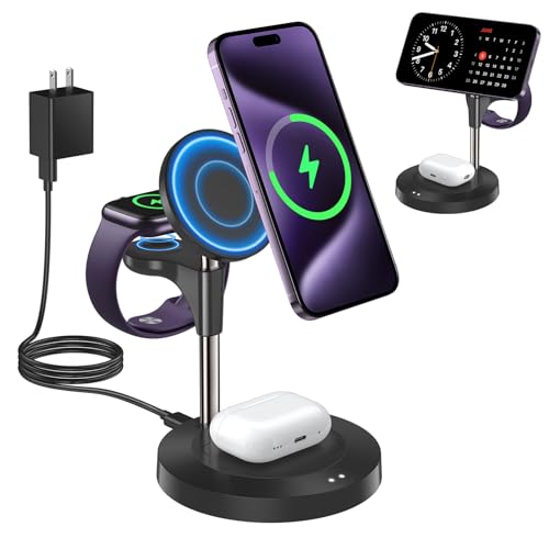 3 in 1 Wireless Charging Station for Multiple Devices Apple, Aeinidi 15W Fast Magnetic Mag-Safe Charger Stand for iPhone 16 15 14 13 12 Pro Max Plus Pro Mini Apple Watch AirPods 3 2, Black