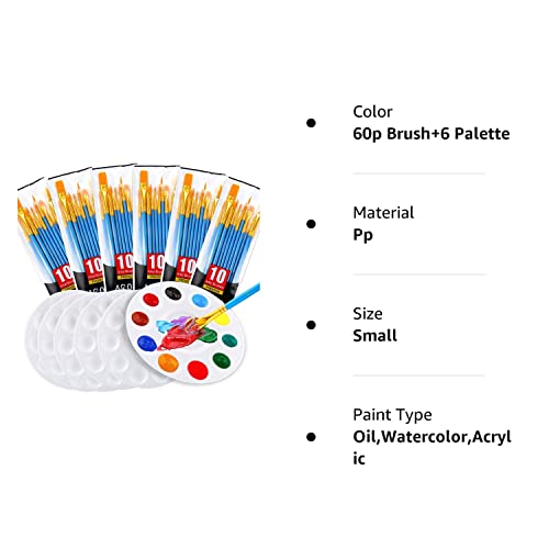 Painting Brush Palette Set, with 6 Packs of 60 Brushes and 6 Palettes,Nylon Brush Head, Suitable for Oil Watercolor, etc., Perfect Art Painting Set.