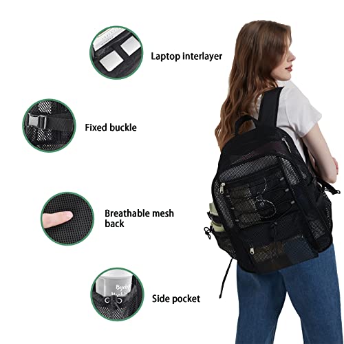 UEASE Mesh Backpack Heavy Duty for School, 23L Mesh Bookbag for Adults, See Through Black Mesh School Bag with Laptop Pocket for Work Swimming Beach Fitness Sport