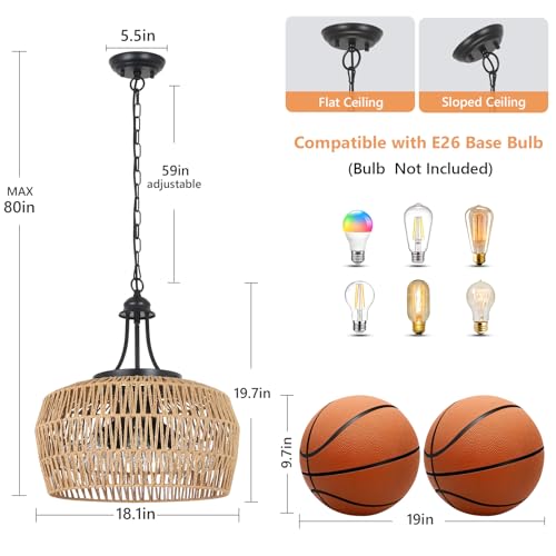 HMVPL Farmhouse Chandelier for Dining Room, 3-Light Boho Rattan Chandelier Light Fixture Ceiling Hanging with Woven Lampshade, Small Wicker Coastal Pendant Light for Kitchen Bedroom Island Hallway