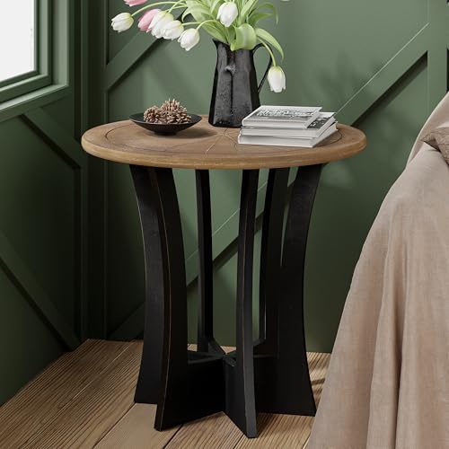 COZAYH Farmhouse Round End Table with Criss-Cross Wood Legs, Rustic French Country Side Table for Dinning or Living Room, Modern, Black, Natural Wood, 23.62’’W*23.62’’D*23.22’’H