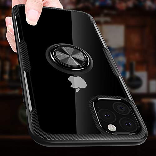 SQMCase Designed for iPhone 11 Case 6.1 inch 2019, Carbon Fiber Design Clear Crystal Anti-Scratch Case with 360 Degree Rotation Ring Kickstand(Work with Magnetic Car Mount) for iPhone 11,Black