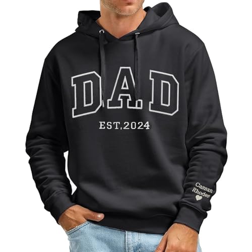 GODMERCH Personalized Embroidered Dad Est 2023 Hoodie, Custom Dad Embroidered Shirt, Customized Dad Est with Kid Names on Sleeve, Custom Embroidered Hoodie, Dad