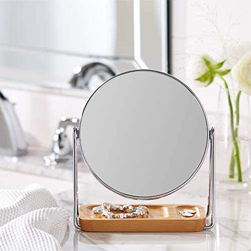 Amazon Basics Vanity Round Tabletop Mount Mirror with Squared Bamboo Tray Magnification, Chrome & Bamboo, 7.2"L x 3.35"W