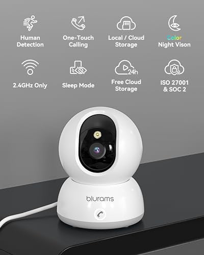 blurams Indoor Security Camera, 2K Pet Camera with 64GB Memory Card, Dog Camera with Phone App, Color Night Vision, One-Touch Call, AI Motion Detection, Work with Alexa(2.4GHz ONLY)