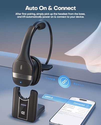 Bluetooth Headset, Wireless Headset with Mic, Gixxted V5.3 PC Headset for Computer with Microphone for Work, 130H Playtime with LED Power Display Charging Base, Noise Canceling Microphone, Mute Button