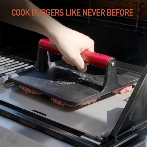 Cast Iron Grill Press - 8 x 4 Inch, 2.6 lb Griddle Press with Cool-Touch Wood Handle - Pre-seasoned for Steak, Burgers, Sandwiches, and Paninis – Non-Stick Grill Weight