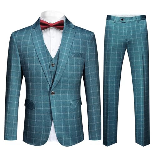 Cloudstyle Men's Suit Plaid Modern Fit 3-Piece Suit Center Vent Blazer Jacket Tux Vest & Trousers Blue