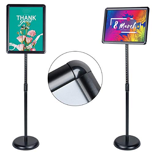 AkTop Adjustable Poster Sign Stand, 11 X 17 Inch Heavy Duty Pedestal Floor Standing Sign Holder, Black Snap-Open Aluminum Frame with Safety Rounded Corner