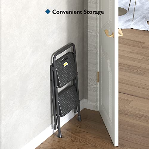 BONTEC 2-Step Ladder, Folding Step Stools for Adults with Wide Anti-Slip Pedals, Max Load Capacity 600lbs Sturdy Steel Ladder, Lightweight, Convenient Handle, Portable Steel Step Stool, Black