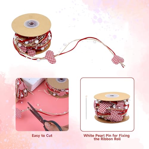 Valentine’s Ribbons, 1-1/2 Inches 5.5 Yards Burlap Ribbon with Pearls Beads Hearts for Gift Bouquet Wrapping Crafts Wreaths Hanging Wedding Party