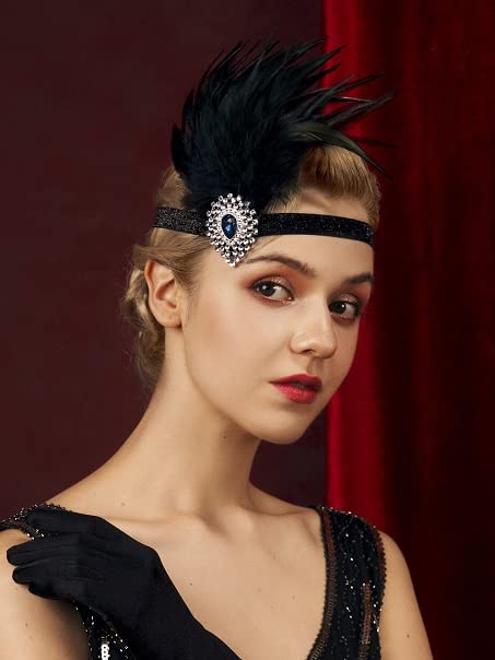 SWEETV Flapper Headband 1920s Headpiece Rhinestone Feather Hair Band Great Gatsby Headpiece for Women,Black