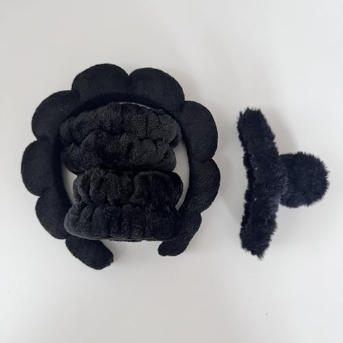 Generic spa headband for women and girls. Bubble skin care headband, makeup hair band set with wristbands, and a fluffy hair claw for face cleaning. (Black)