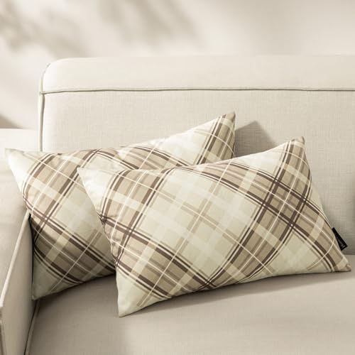 Phantoscope Buffalo Plaid Throw Pillow Covers Farmhouse Check Pillows Fall Decorative Pillow Cover Indoor Outdoor Throw Pillows Twill Square Pillow Cases for Home Decor Beige,12 x 20Inches